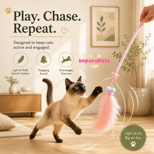 Angel Ostrich Feather Teaser Wand - Light Fluffy Soft Interactive Cat Toy for Kittens