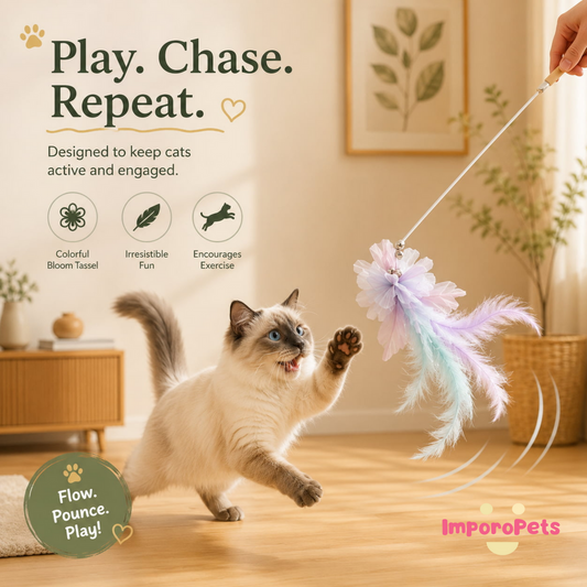 Bloom Tassel Cat Teaser - Colorful Flowing Fringe Wand Toy for Active Play