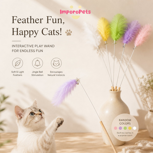 Rainbow Ostrich Feather Wand - Fluffy Colorful Interactive Exercise Toy for Cats