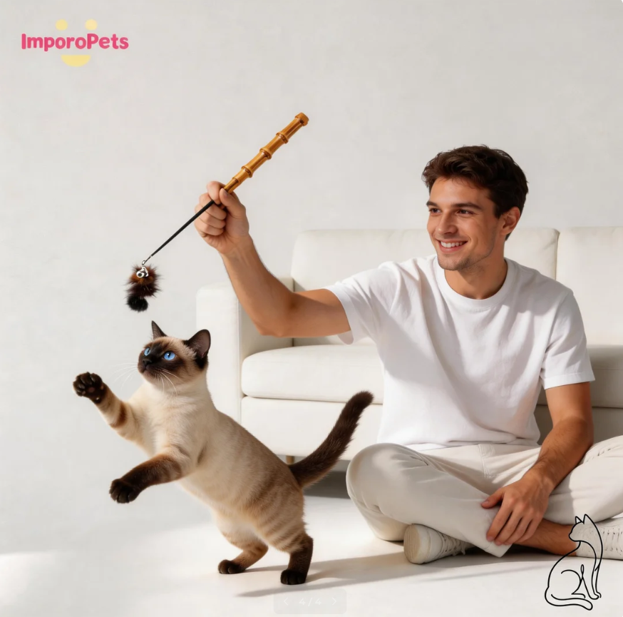 Premium Bamboo Handle Mink Fur Cat Wand Interactive Toy Indoor Friendly Suitable for Kittens Cats