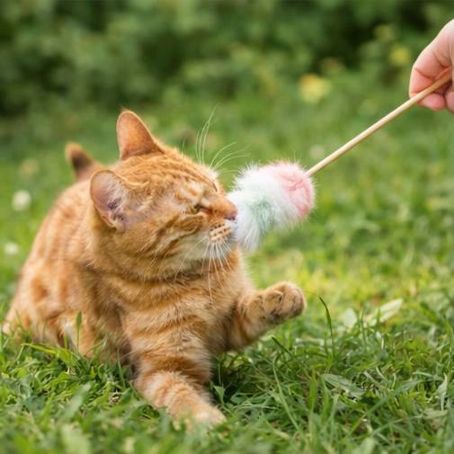 Premium Cat Toy Teasing Cat Stick Wand - Macaron-colored rabbit fur wheat ears Interactive for all cats