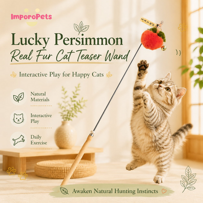 Lucky Persimmon Real Fur Cat Teaser Wand - Premium Wooden Handle Interactive Rod with Bell