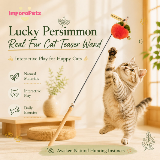 Lucky Persimmon Real Fur Cat Teaser Wand - Premium Wooden Handle Interactive Rod with Bell