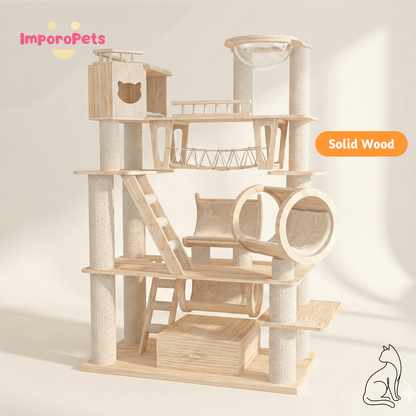 Luxury Huge Cat Climbing Frame Cat House Cat Tree Solid Wood With Capsule & Bridge Premium Cat Furniture Shipping in 30 Days