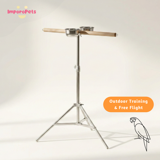Foldable Stainless Steel Tripod Parrot Stand for Large Birds–Adjustable with 304 Feeding Bowls