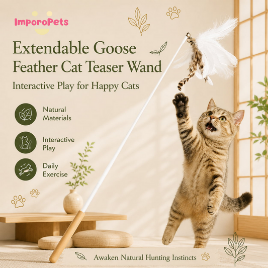 Extendable Goose Feather Cat Teaser Wand - Telescopic Interactive Training Rod for Indoor Cats