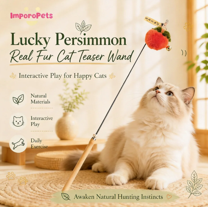 Lucky Persimmon Real Fur Cat Teaser Wand - Premium Wooden Handle Interactive Rod with Bell