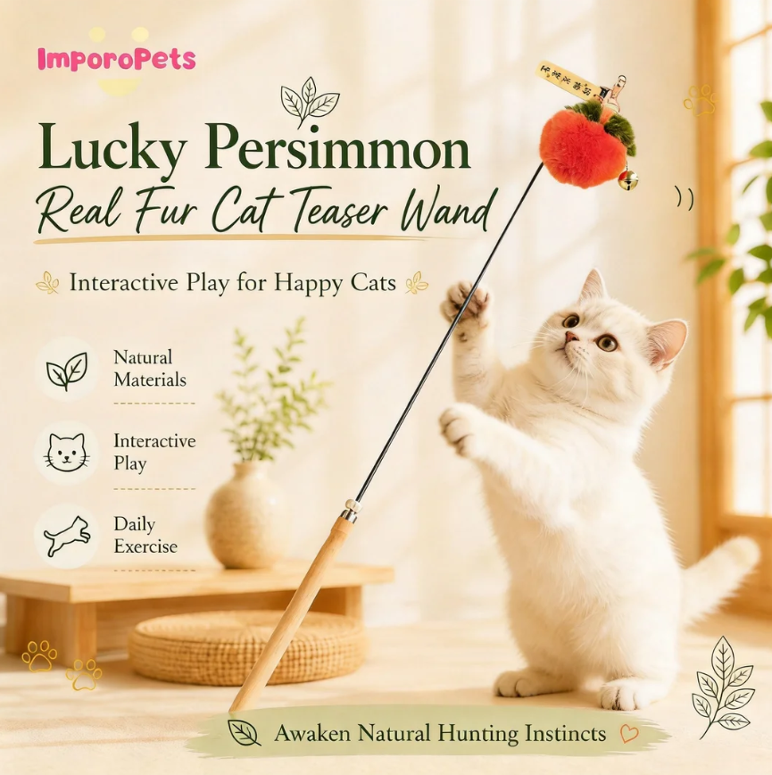 Lucky Persimmon Real Fur Cat Teaser Wand - Premium Wooden Handle Interactive Rod with Bell