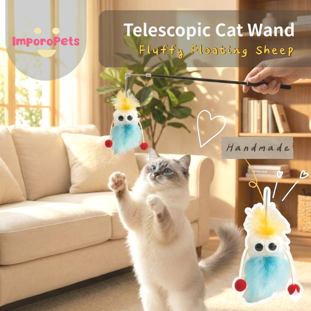 [ImporoPets] Handmade Telescopic Cat Wand - Interactive Retractable Toy – Fluffy Floating Sheep