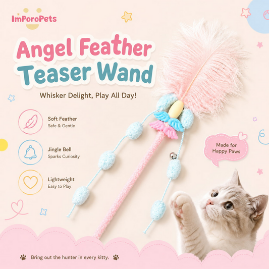 Angel Ostrich Feather Teaser Wand - Light Fluffy Soft Interactive Cat Toy for Kittens