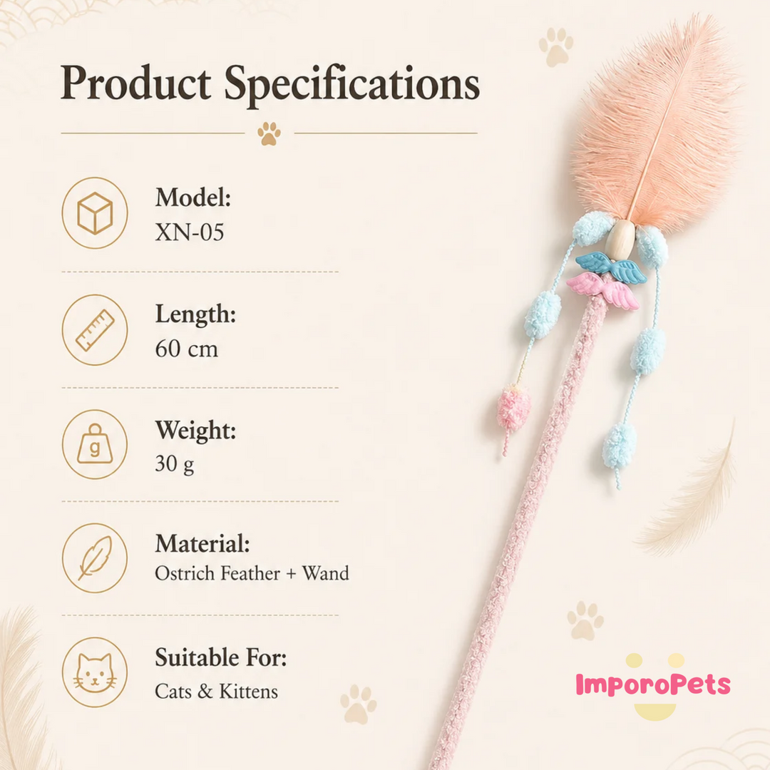 Angel Ostrich Feather Teaser Wand - Light Fluffy Soft Interactive Cat Toy for Kittens