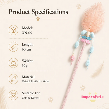 Angel Ostrich Feather Teaser Wand - Light Fluffy Soft Interactive Cat Toy for Kittens