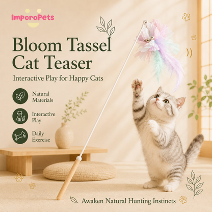 Bloom Tassel Cat Teaser - Colorful Flowing Fringe Wand Toy for Active Play