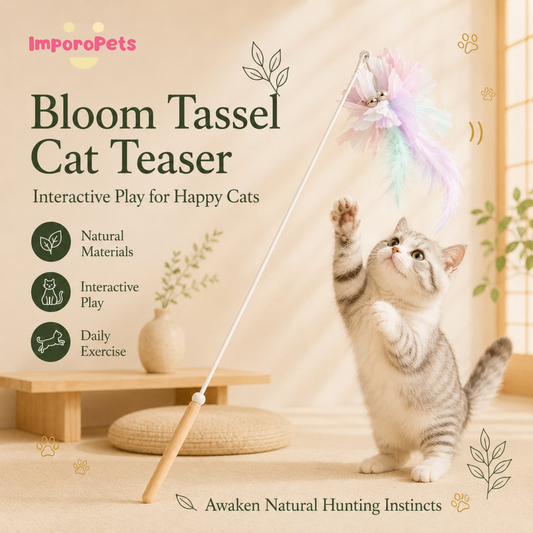 Bloom Tassel Cat Teaser - Colorful Flowing Fringe Wand Toy for Active Play