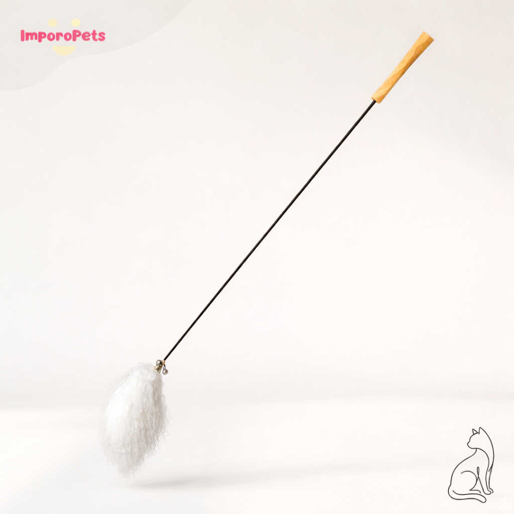 Premium Cat Toy Teasing Cat Stick Wand - Tan wool wooden handle Interactive play for all cats