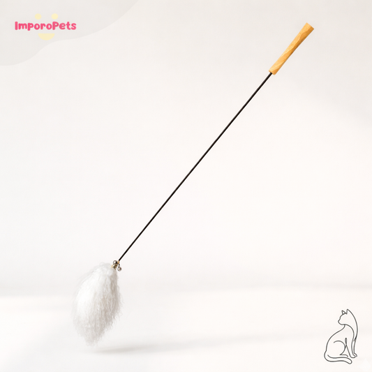 Premium Cat Toy Teasing Cat Stick Wand - Tan wool wooden handle Interactive play for all cats