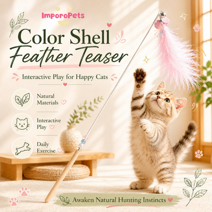 Color Shell Feather Teaser - Simple Natural Interactive Wand Toy for Felines