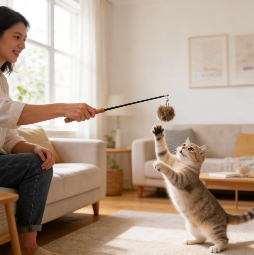 Premium Bamboo Handle Rabbit Fur Flower Cat Wand Toy Interactive play Safe Materials for all cats