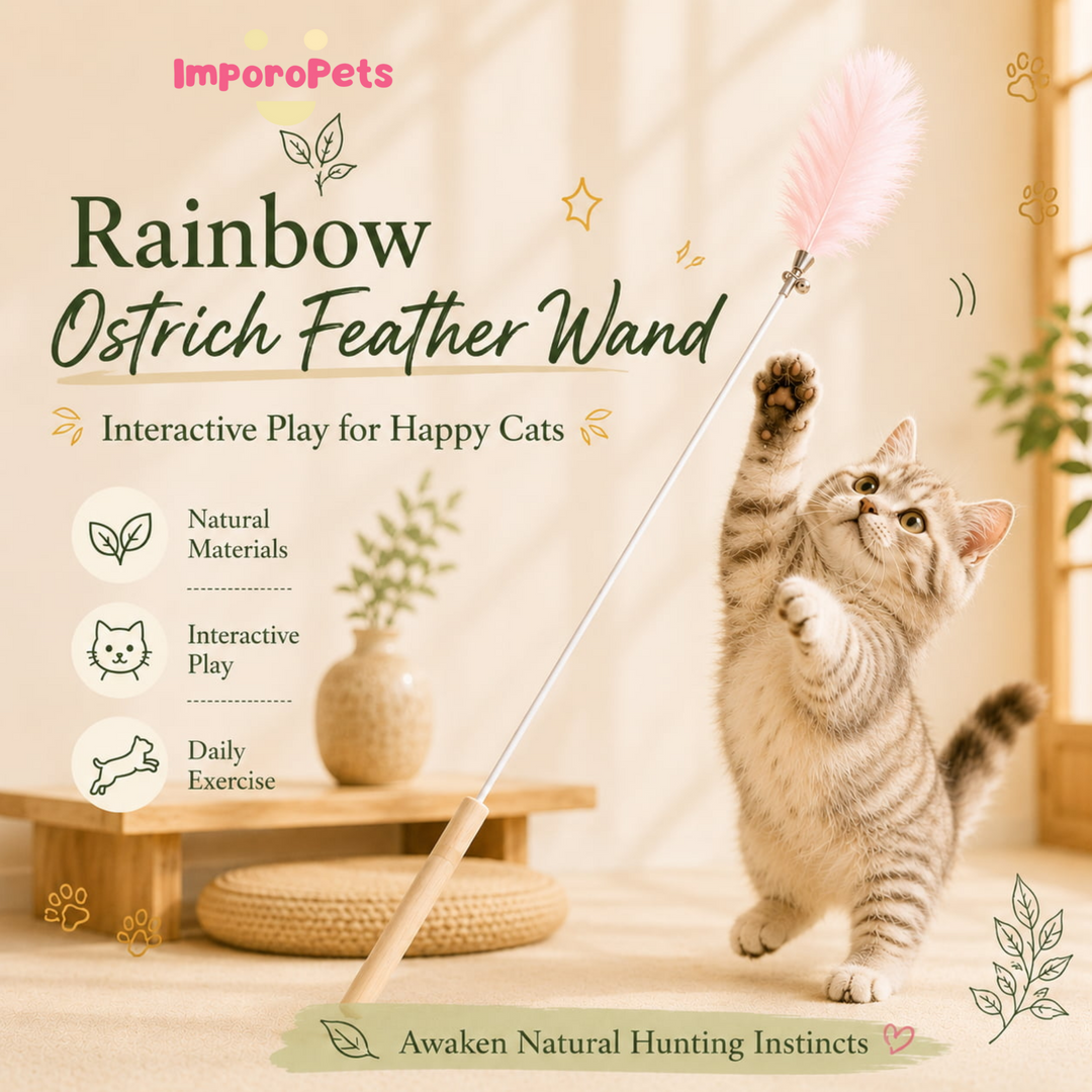 Rainbow Ostrich Feather Wand - Fluffy Colorful Interactive Exercise Toy for Cats