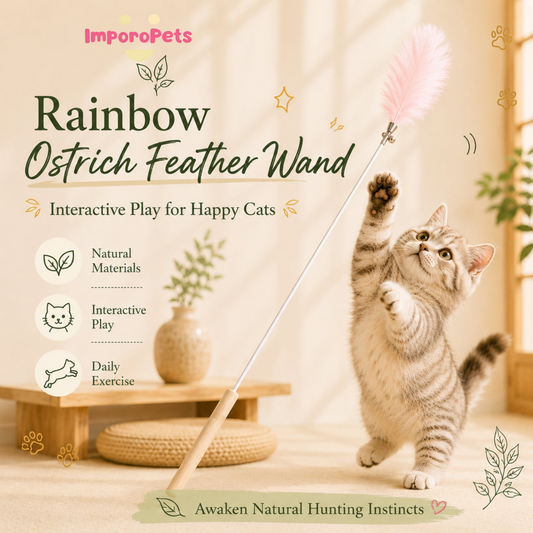 Rainbow Ostrich Feather Wand - Fluffy Colorful Interactive Exercise Toy for Cats