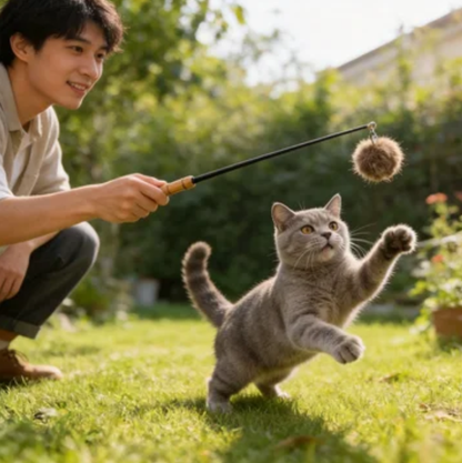 Premium Bamboo Handle Rabbit Fur Flower Cat Wand Toy Interactive play Safe Materials for all cats