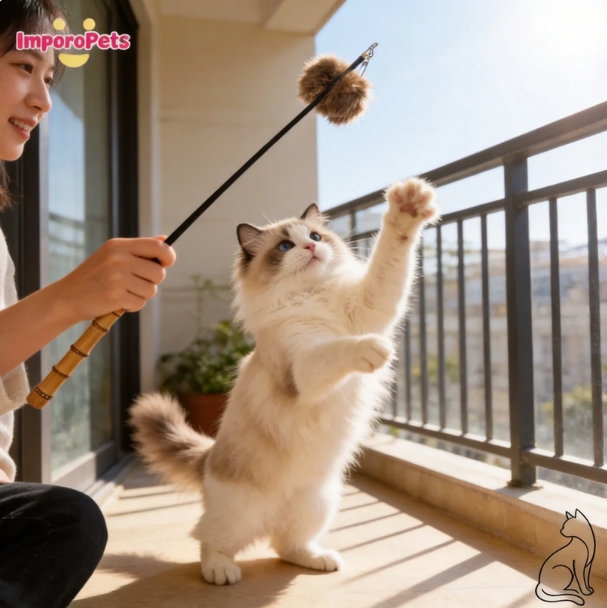 Premium Bamboo Handle Rabbit Fur Flower Cat Wand Toy Interactive play Safe Materials for all cats