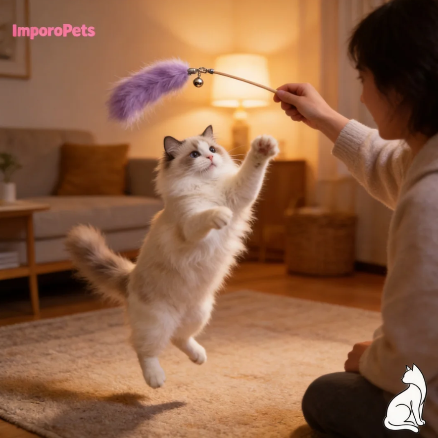 Premium Cat Stick Wand Colorful Rabbit Fur Wheat Cat Toy - Random color Real Fur Interactive Play for All Cats