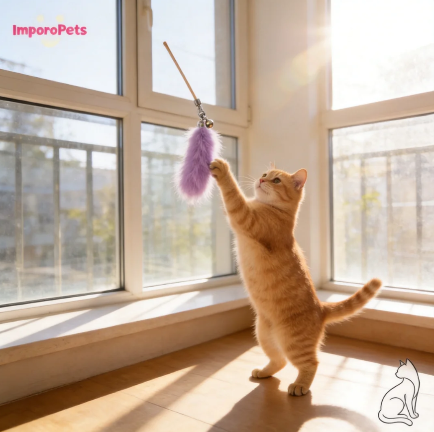 Premium Cat Stick Wand Colorful Rabbit Fur Wheat Cat Toy - Random color Real Fur Interactive Play for All Cats