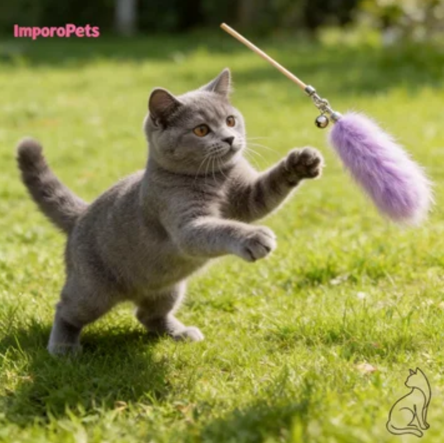 Premium Cat Stick Wand Colorful Rabbit Fur Wheat Cat Toy - Random color Real Fur Interactive Play for All Cats