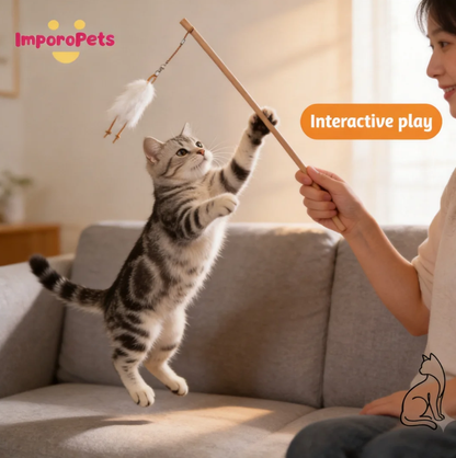 Genuine Leather & Rabbit Fur Strip Cat Teaser Wand Cute design Interactive play Indoor cat friendly