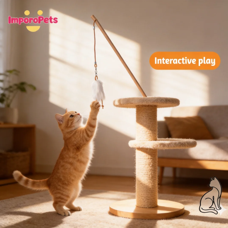 Genuine Leather & Rabbit Fur Strip Cat Teaser Wand Cute design Interactive play Indoor cat friendly