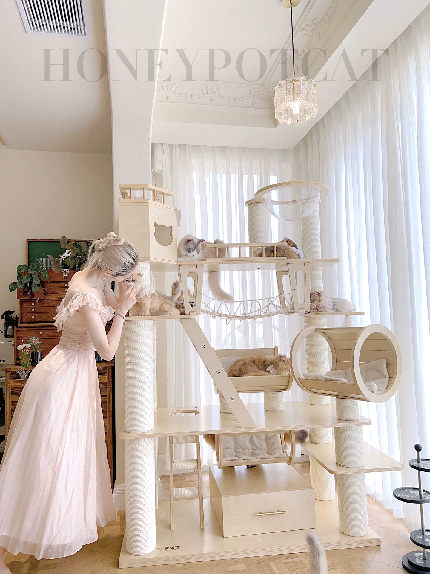 Luxury Huge Cat Climbing Frame Cat House Cat Tree Solid Wood With Capsule & Bridge Premium Cat Furniture Shipping in 30 Days
