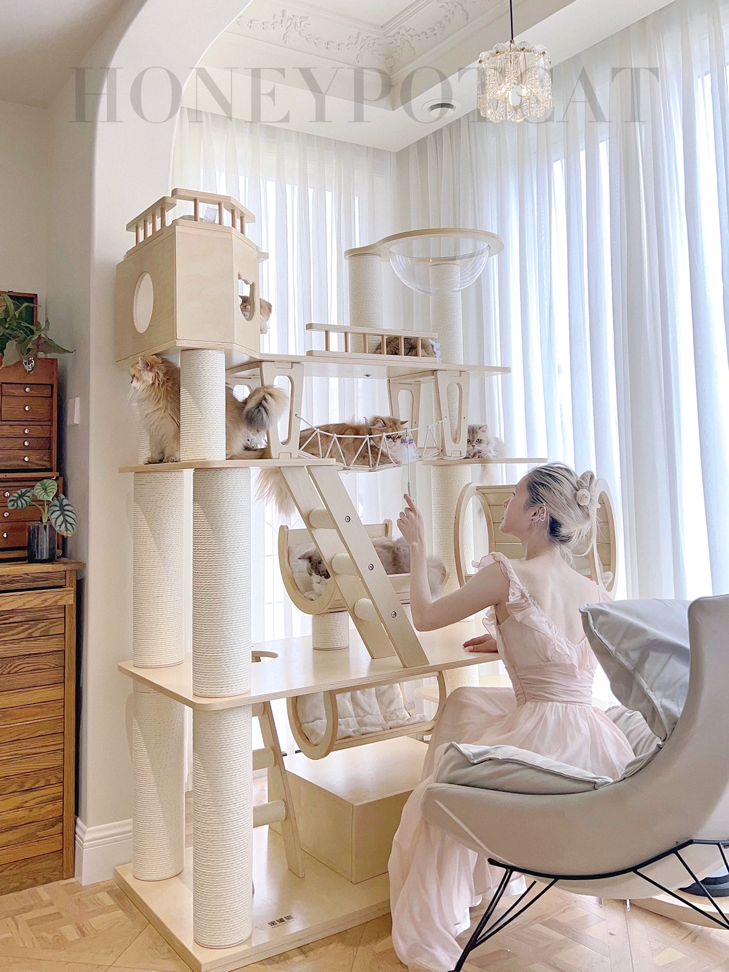 Luxury Huge Cat Climbing Frame Cat House Cat Tree Solid Wood With Capsule & Bridge Premium Cat Furniture Shipping in 30 Days