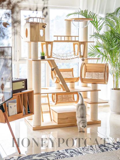 Luxury Huge Cat Climbing Frame Cat House Cat Tree Solid Wood With Capsule & Bridge Premium Cat Furniture Shipping in 30 Days