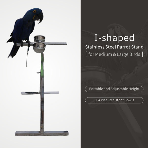 Stainless Steel Parrot Stand for Medium&Large Birds–Height Bird Perch with 304 Bite-Resistant Bowls