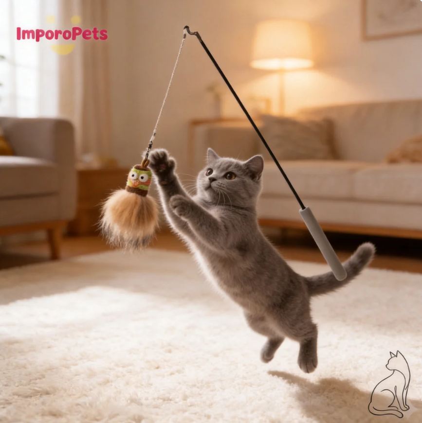 Premium Cat Toy Teasing Cat Stick Wand - Handmade Stretchy Mini Monster