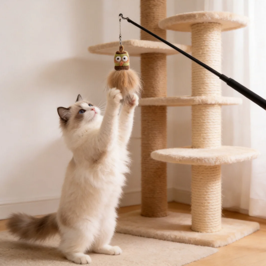 Premium Cat Toy Teasing Cat Stick Wand - Handmade Stretchy Mini Monster