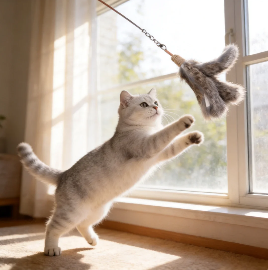 Premium Cat Toy Teasing Cat Stick Wand - Handmade Fluffy Floating Sheep