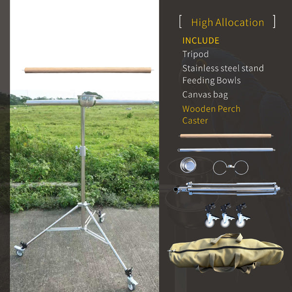 Foldable Stainless Steel Tripod Parrot Stand for Large Birds–Adjustable with 304 Feeding Bowls