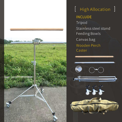 Foldable Stainless Steel Tripod Parrot Stand for Large Birds–Adjustable with 304 Feeding Bowls